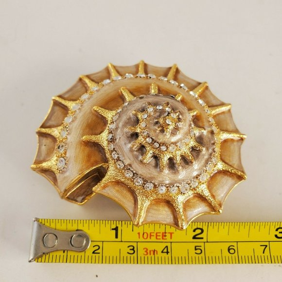 Bejeweled Enamel Inlay Sea Shell Hinged Trinket Box Rhinestones Gold - Picture 10 of 10